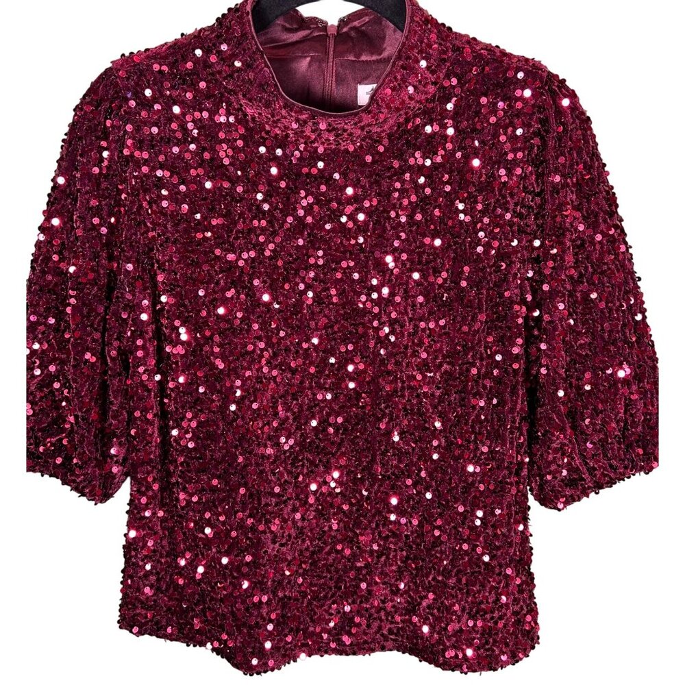 Nanette Lepore Beautiful Red Ruby Velvet Sequined Holiday Event Top Size M - Picture 2 of 9